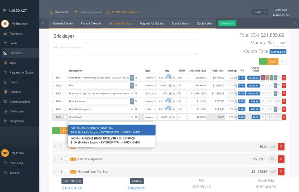 Buildxact project dashboard
