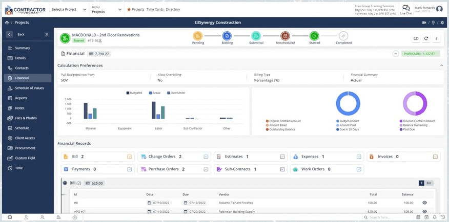 Contractor Foreman project dashboard
