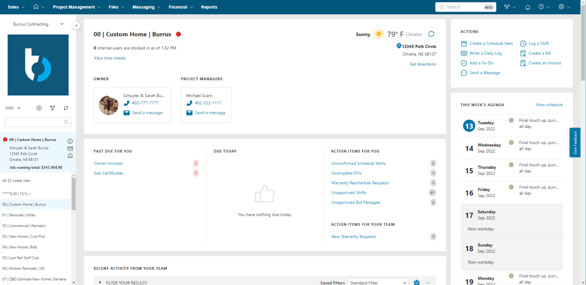 Buildertrend schedule dashboard